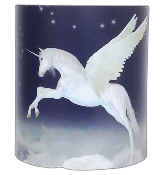 Girl's Blue, Star Lit Ceiling Shade with Large, White Magestic Unicorn in Flight. 21cm x 18 cm
