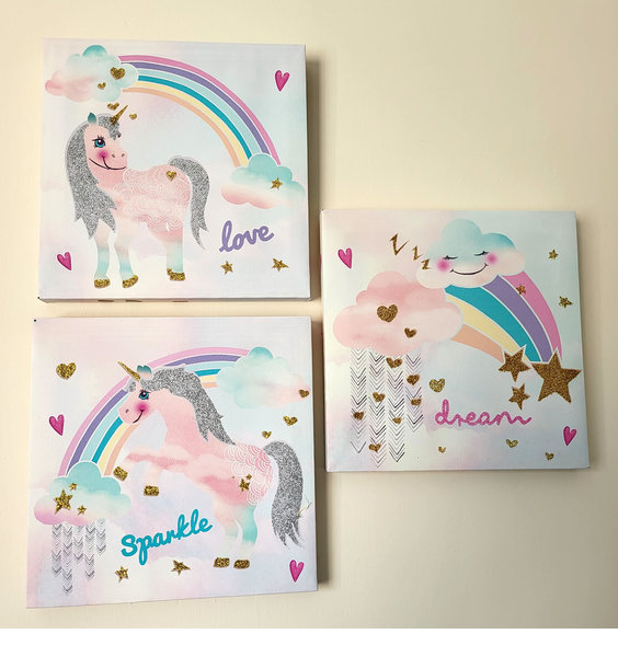Unicorn Glitter Canvas Art - Set of 3