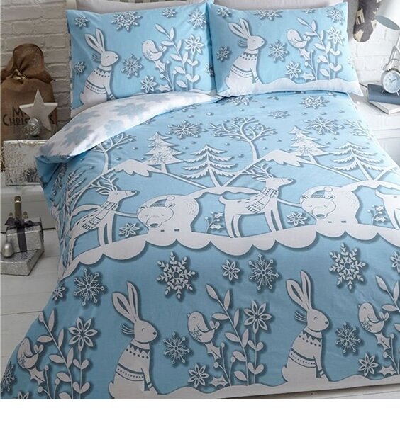 Mountain Snow, Christmas Themed King Size Bedding - Blue