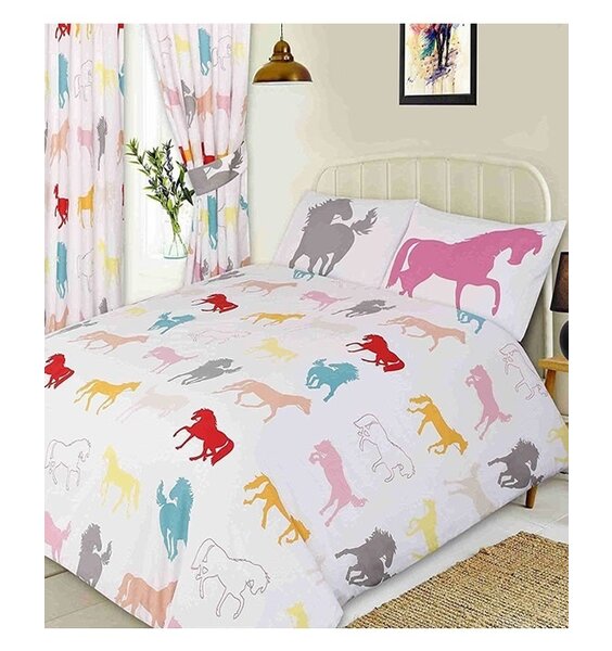 White, Children's Bedding with a pattern of colourful horses prancing and swishing their tails.