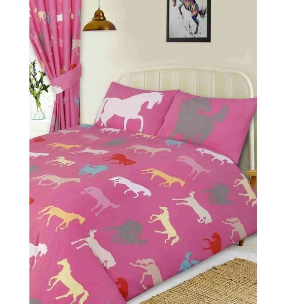 Pink Duvet Cover with silhouettes of horses in cream, pink, white, red, grey and blue.