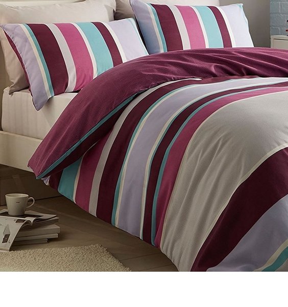Purple, Turquoise, Pink, Lilac & Grey Striped Duvet Cover. The reverse has a textured purple pattern.