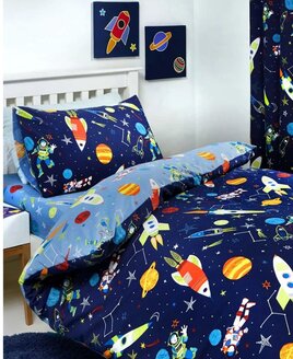 Glow In The Dark Space & Rockets Bedding Sets. Navy Blue with Stars, Rockets, Planets and Spacemen