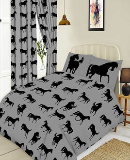 Grey duvet cover & pillowcase patterned with black horses prancing, galloping and jumping.