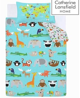 Reversible, children's duvet. Blue patterned with a range of jungle animals. Grey, patterned reverse.