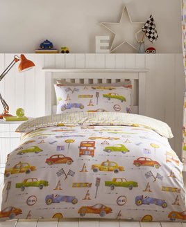 Boys cars and transport bedding with different cars and transport signs