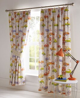 Boys lined pencil pleat curtains with cars, buses, race cars and road signs