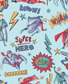 super hero's all over with cartoon words