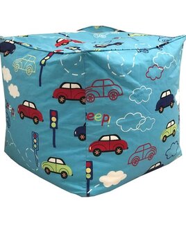 Child's Blue, Car Themed Bean Cube. Colourful Cars, Traffic Lights and Clouds on a Blue Background