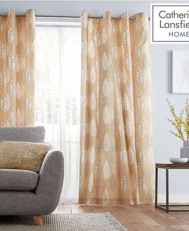 Catherine Lansfield Lined Eyelet Stockholm Leaves Curtains - Ochre 54s