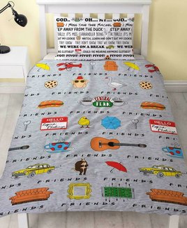 Friends Duvet Covers. The reverse has famous sayings across the bedding. The front has iconic artefacts from the show.