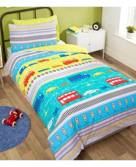 Children's Transport Bedding Set. Blue and Yellow with Cars, Bikes, Busses & Traffic Signs.
