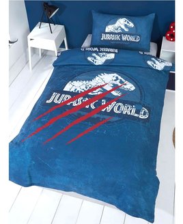Blue, Jurassic World Single and Double Duvet Sets. Red Claw Strikes against a Skeletal T Rex.