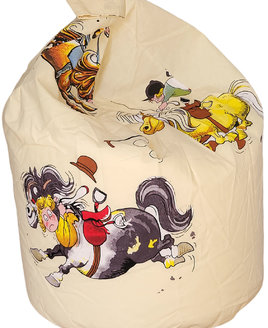 Small, cream bean bag featuring cute ponies and riders from the Thelwell stable.