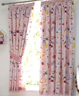 Girls pink bedroom curtains patterned with all her favourite things, cute animals, ribbons, mermaids, bags etc.