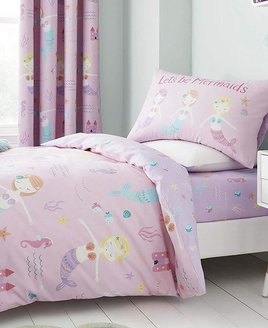 Pale pink duvet set with cute mermaids, starfish, fish and lilac seaweed.