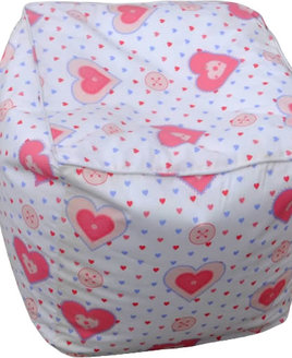 Small, White Bean Filled Cube For A Little Girl. Pink Piping to the Seams and Patterned With Pink and Blue Lovehearts.