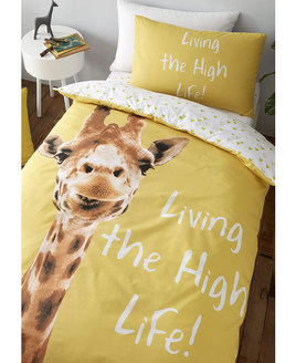 Cute smilling giraffe, living the high life on a natural yellow background.