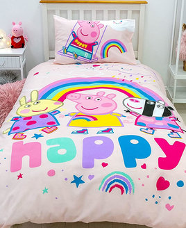 Pink, colourful single duvet with Peppa PIg, Zoe and Rebecca with the works 'happy' in a colourful font