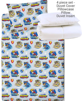 Paw Patrol Mighty Pups Duvet. Rows of Chase & Rubble on a pale grey background.
