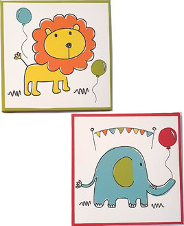 2 x white canvas. One orange and yellow lion, one blue elephant. Circus themed canvas.