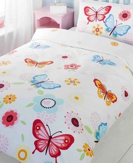 Crisp white background patterned with colourful butterflies and flowers.