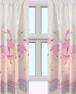Pink and White Bedroom Curtains with Circus Show Horse, Ballerinas and a Pink and Blue Border.