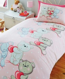 Girls Pink Bedding With White Spots featuring 2cute teddy bears and a lovely white rabbit.