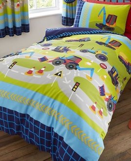 Boys Diggers Bedding Set. Blue & Green with diggers, bulldozers and cranes. Reversible