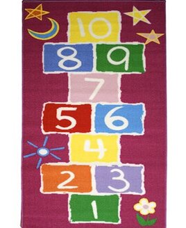 large, red, rectangular rug patterned with the hopscotch game