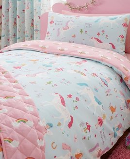 Reverisible Pink and Sky Blue with unicorns, fairies, rabbits & toadstools. Pink side has a rainbow pattern.