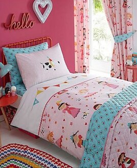 Girls, Beautiful Embroidered, Pink and White Princess Themed Bedding.