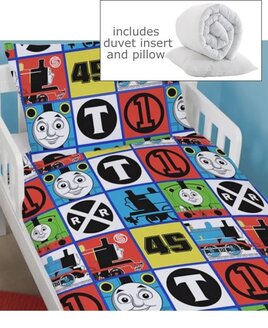 Blue and White Thomas The Tank Engine Toddler Duvet Cover, Junior Pillowcase with Pillow and Quilt Inserts.