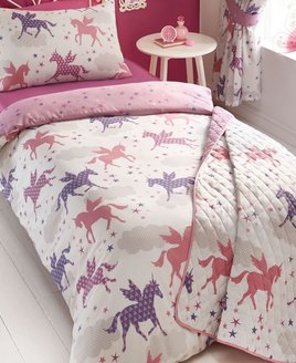 Pink and White Reversible Duvet. Pink & Purple, Patterned Unicorns, or Colourful Stars Pattern.
