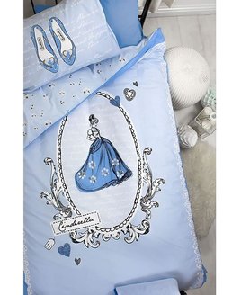 Sky Blue Bed Set, with Cinderella in a cameo design. The pillow showcases the glass slippers.