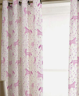White, eyelet curtains patterned with pink horses  and pink foliage.
