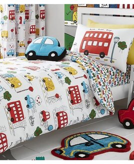 White Duvet Cover Set with a Bright Pattern of Cars, Vans, Buses and Bikes. The Reverse has a smaller car pattern