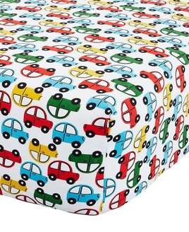 White fitted sheet patterned with colourful, red, yellow, blue and green bubble type cars.