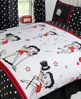 Black with white polka dot pattern. Betty Boop in Iconic Poses on a white background edged with red.