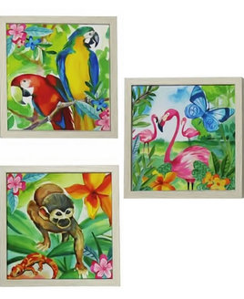 Set of 3 Jungle Canvas Art - monkey, parrots and flamingoes.