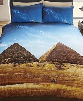 Egyptian Pyramids at Giza. Photographic Quality King Size Duvet. Blue skies, pyramids, sand and lone camel rider.