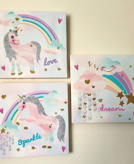 Unicorn Glitter, Girls Bedroom Canvas Art - Set of 3