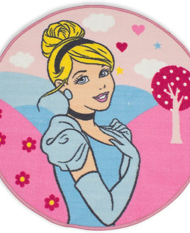 Round, pink rug featuring Cinderella against pink themed hills and trees.