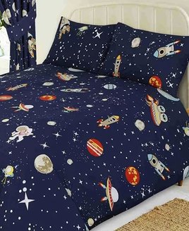 Midnight blue patterened with stars, red planets, spaceman and spaceships.