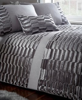 Sumptuous grey velvet bedding with bands of patterned crushed velvet and plain polycotton.