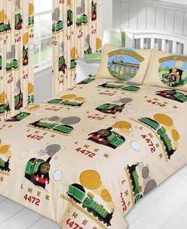 Flying Scotsman Train Themed Bedding Set on a cream background. LNER 4472  steam train various images.