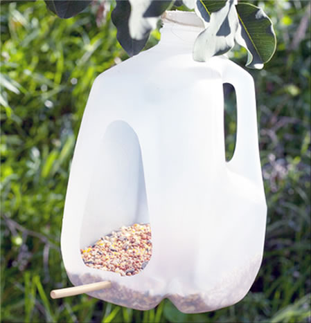 Plastic milk carton bird feeder